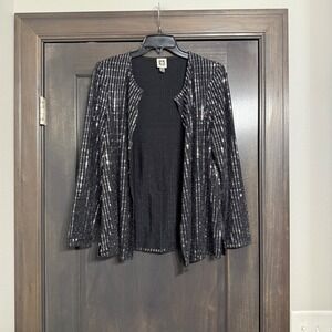 Anne Klein Womens Black Silver Sequin Striped Open Front Cardigan Jacket Medium